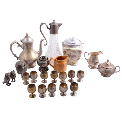 Lot 86 - A silver-plated three piece owl cruet set, three piece teaset, miniature goblets etc.