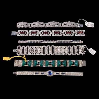 Lot 382 - Six vintage paste set panel and line bracelets.