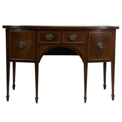 Lot 408 - George III style mahogany and satinwood banded bow-front sideboard