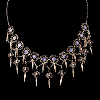Lot 373 - A blue enamel and white metal shell design bracelet, and an enamel and white metal fringe necklace.