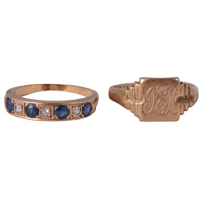 Lot 95 - A sapphire and diamond half hoop ring, and a gold signet ring.