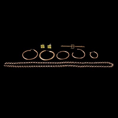 Lot 288 - Gold and yellow metal earrings for pierced ears, yellow metal chain, and bar brooch.