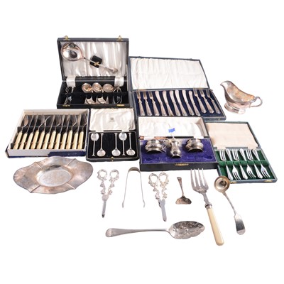 Lot 186 - Silver bonbon dish, silver sugar nips, condiments, teaspoons; and other cased silverplate