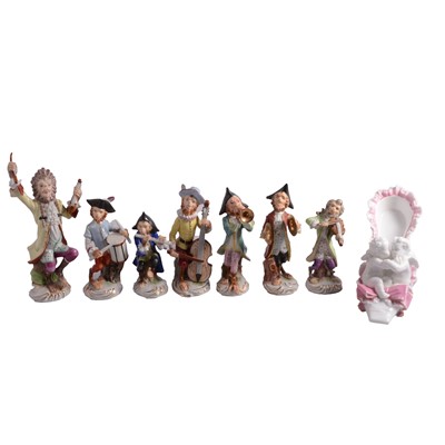 Lot 5 - Continental porcelain Monkey band, 20th century, and a Meissen shoe ornament
