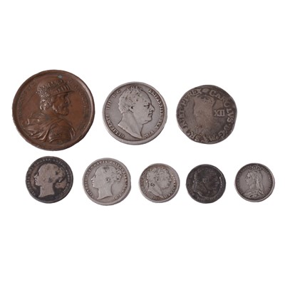 Lot 154 - Charles I shilling, George III and later silver content coins, and a bronze medal.