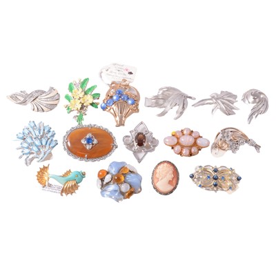 Lot 385 - Twenty-five vintage costume jewellery brooches, bracelet and earclips.