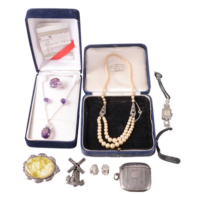 Lot 451 - A collection of white metal, and costume jewellery, wristwatch, and silver vesta.