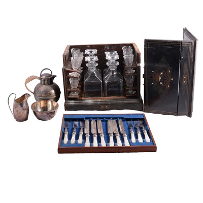 Lot 80 - Ebonsied four-bottled decanter box, other decanters, glassware and silver plate
