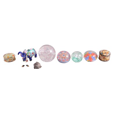 Lot 20 - Decorative enamelled Elephant ornament, together with glass paperweights and other ornaments