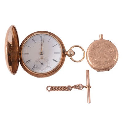 Lot 311 - A gold-plated full hunter pocket watch, yellow metal fob watch case, and gold T bar with chain.