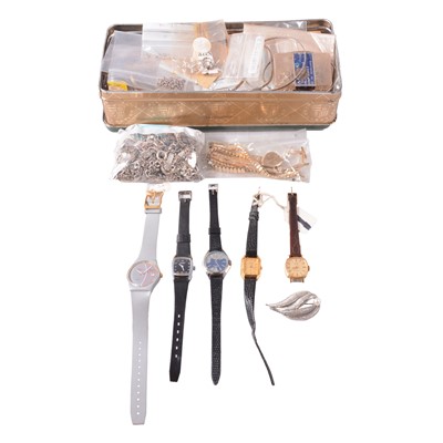 Lot 443 - A collection of rolled gold, silver and white metal jewellery, findings, wristwatches, and tools.