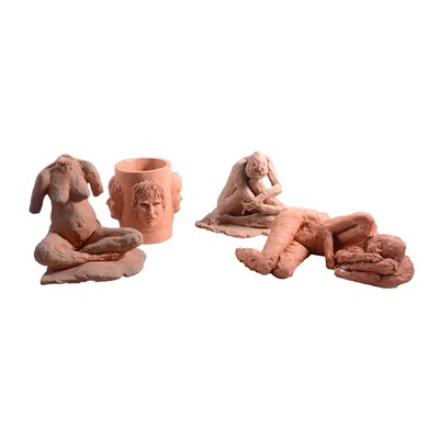 Lot 295 - Jim Cooper, three terracotta nude sculptural forms, and a terracotta vessel