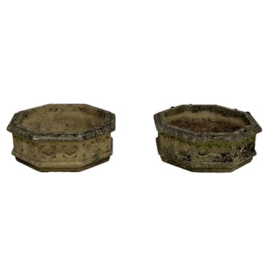 Lot 437 - Pair of Gothic font style reconstitued stone planters