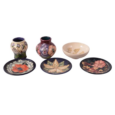 Lot 2 - Moorcroft Pottery, two small vases, three coasters and a dish
