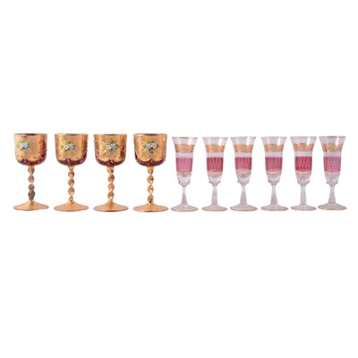 Lot 68 - Six mid-century Murano glass flutes, and set of four ruby glass and gilt goblets