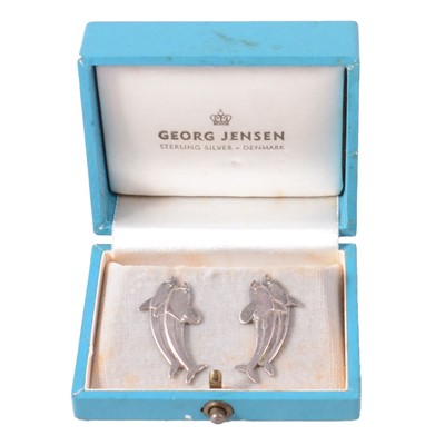 Lot 355 - Arno Malinowski for Georg Jensen - a pair of white metal double dolphin earrings number 129,.