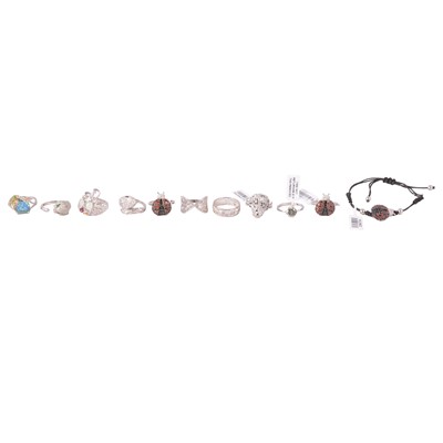 Lot 391 - Ten gemset silver animal rings, and a gemset silver animal motif bracelet.