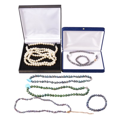 Lot 274 - Cultured and freshwater pearl necklaces, freshwater pearl and gemstone chip bracelets.
