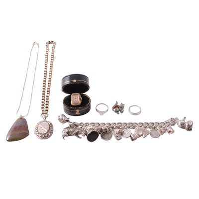 Lot 437 - A collection of silver and white metal bracelets, chains, gemset pendants, brooches, and rings.