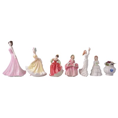 Lot 19 - Royal Doulton, six figurines, two miniatures, and a floral vase
