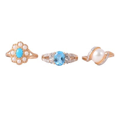 Lot 99 - Three gemset 9 carat gold rings.