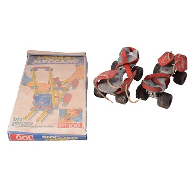 Lot 139 - Box of children's books, roller skates, plastic Meccano, etc