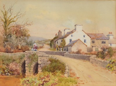 Lot 198 - J W Milliken, Woman on a bridge, and another watercolour.
