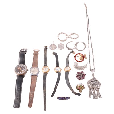 Lot 442 - White metal pendant, necklace, earrings for pierced ears, costume jewellery, and wristwatches.