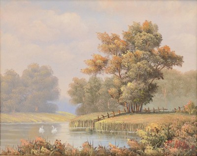 Lot 203 - P Wilson, Figures by a bridge, and Swans on a river