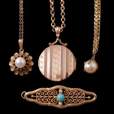 Lot 206 - Pearl set pendants on chains, yellow metal brooch, and yellow metal back and front locket.