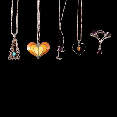 Lot 372 - Scandinavian and German white metal pendants on chains, and a Charles Horner necklace.
