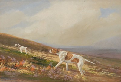 Lot 204 - English School (early 20th century), Two English Pointers stalking through heather