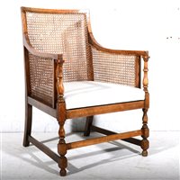 Lot 595 - Mahogany framed bergere chair, carved frame,...