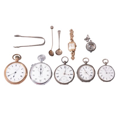 Lot 314 - Three silver fob watches, one gold-plated, stop watch, silver spoons.