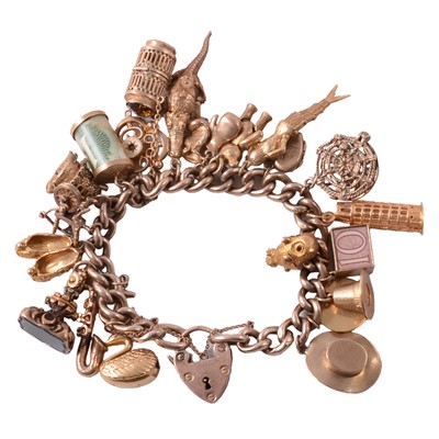 Lot 169 - A yellow metal bracelet with twenty-two charms attached.