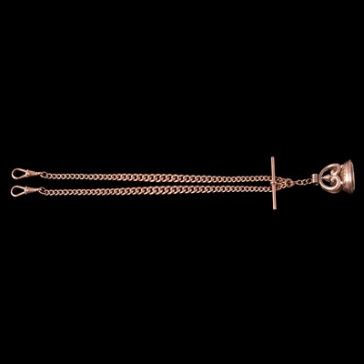 Lot 305 - A 9 carat rose gold double Albert watch chain and seal fob.