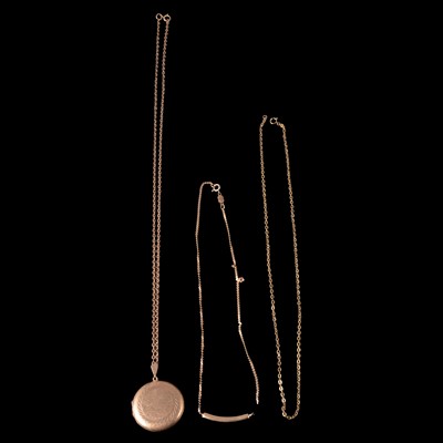 Lot 286 - A 9 carat yellow gold locket and chain, S link necklace with bar, and another chain.