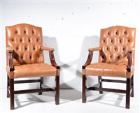 Lot 598 - Pair of elbow chairs, with saddle covered...
