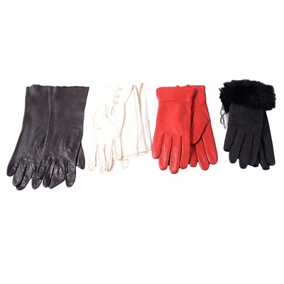 Lot 485 - Eleven pairs of cream, red, and black leather gloves.