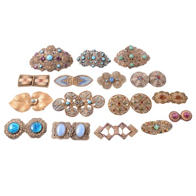 Lot 419 - Twenty-four gemstone, paste and ceramic set gilt metal buckles.