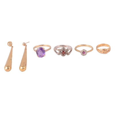 Lot 280 - Three gemset rings, a gold ring, and pair of 9 carat gold baton earrings.