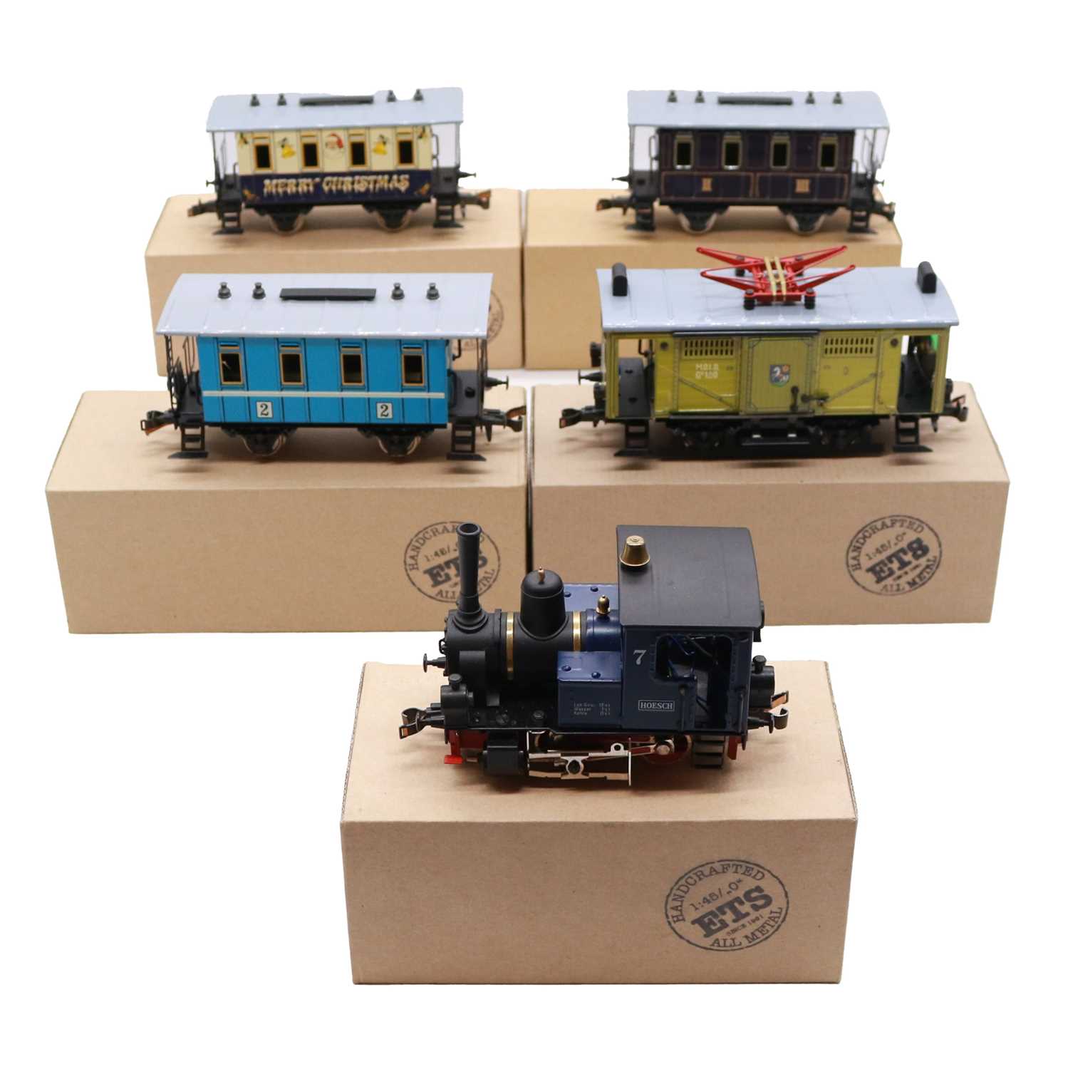 Lot 46 - ETS, O-gauge electric model railway, 0-4-0 steam locomotive 'HOESCH', and four cars