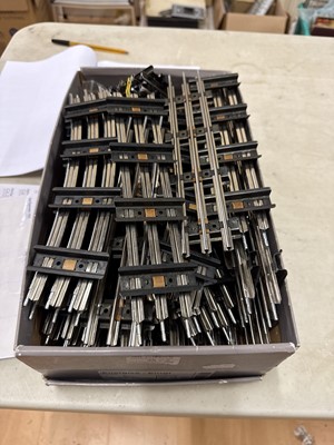 Lot 48 - Shoebox of Merkur 3-rail O-gauge track, and three boxes of Maldon Rail Centre track