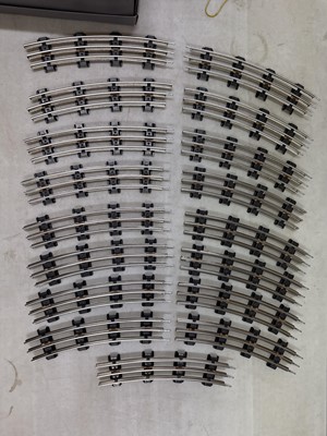 Lot 48 - Shoebox of Merkur 3-rail O-gauge track, and three boxes of Maldon Rail Centre track
