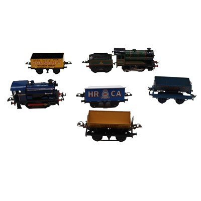 Lot 63 - Hornby, two O-gauge clockwork locomotives, and four goods wagons