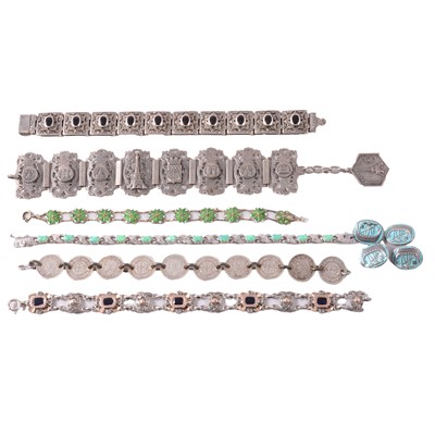 Lot 433 - Six bracelets, some gemset, and a pair of white metal and blue enamel cufflinks.