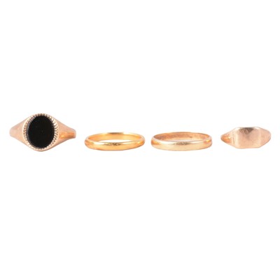 Lot 120 - Two gold wedding bands, and two signet rings.