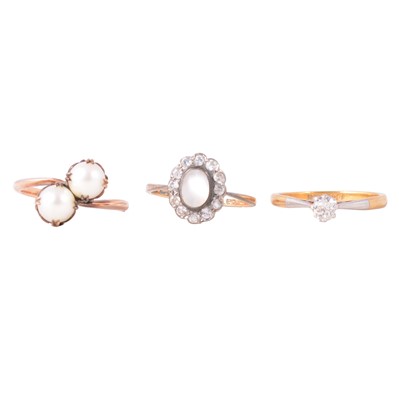 Lot 97 - Three gemset rings, diamond, cultured pearl, moonstone and white zircon.