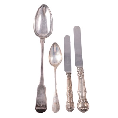 Lot 96 - Silver basting spoon, silver handled knives