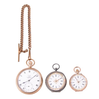 Lot 312 - A gold-plated open face pocket watch, and two fob watches.